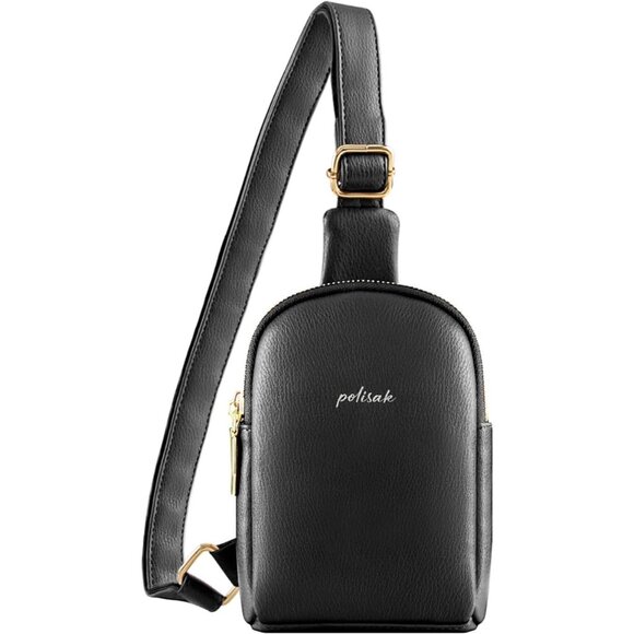 Polisak Black Vegan Leather Sling Bag – Compact Crossbody w/ Double Zippers - Picture 1 of 5